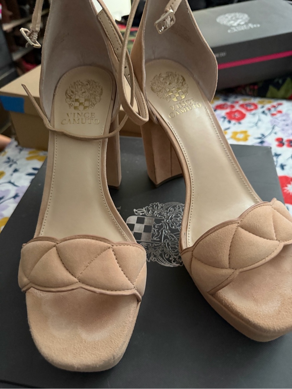 Vince Camuto Quilted Nude Suede Block Heel Sandals